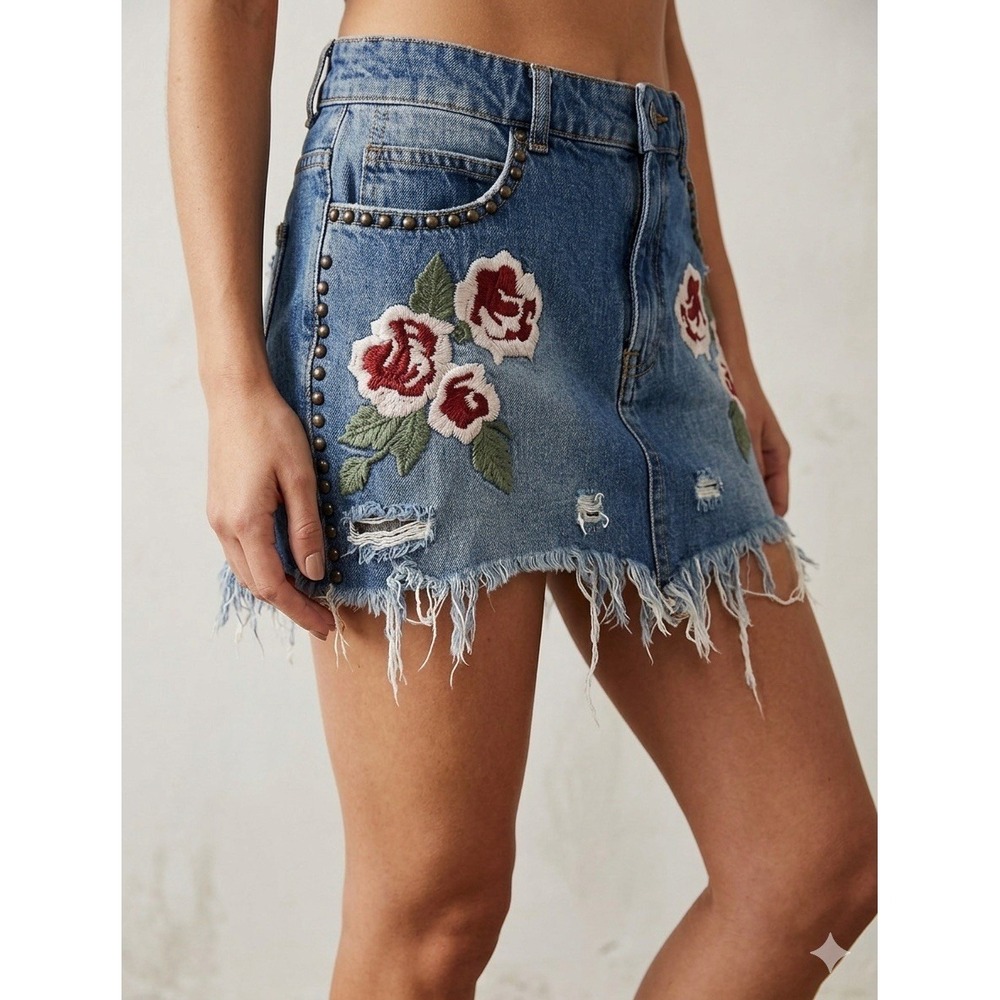 FREE PEOPLE Stunner Embroidered Rose Denim Mini Skirt 27 Studded Grunge Boho
